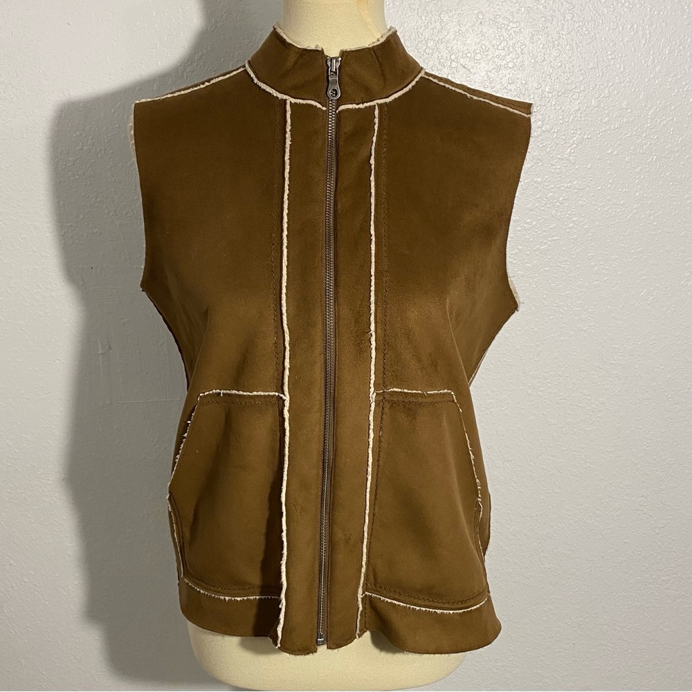 J. Jill Brown Faux Suede Sherpa-Lined Vest Women’s Size S Front Pockets Vegan